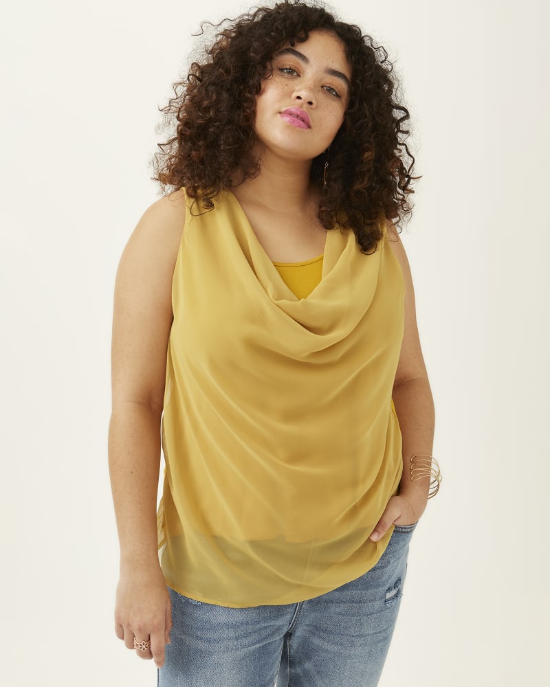 Front of 5'8.5" model wearing a plus size Hailey Cowl Neck Blouse in Gold by East Adeline. | dia_product_style_image_id:273844